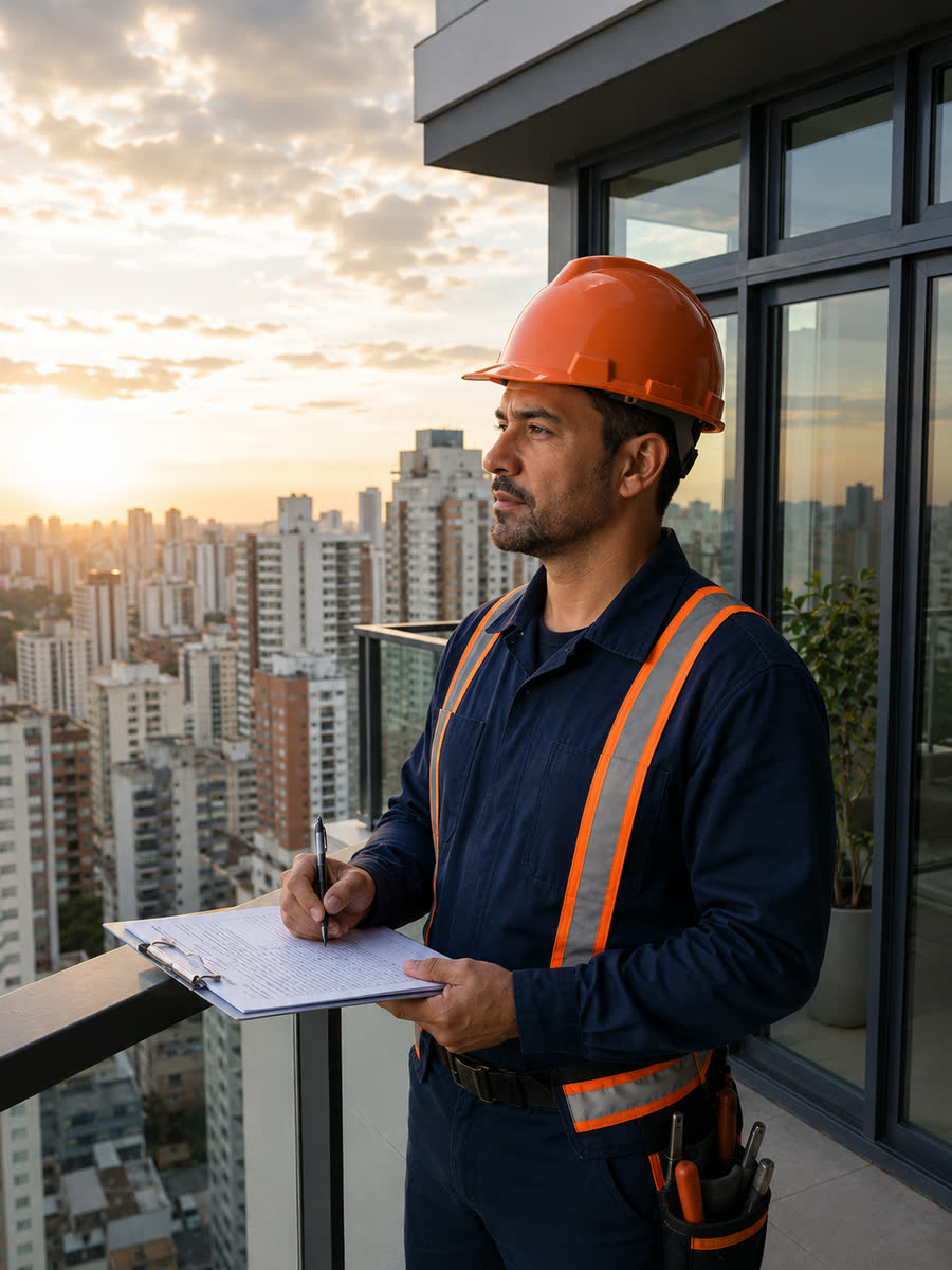 Engenheiro de capacete e colete registrando a vistoria em prancheta na sacada de um edifício